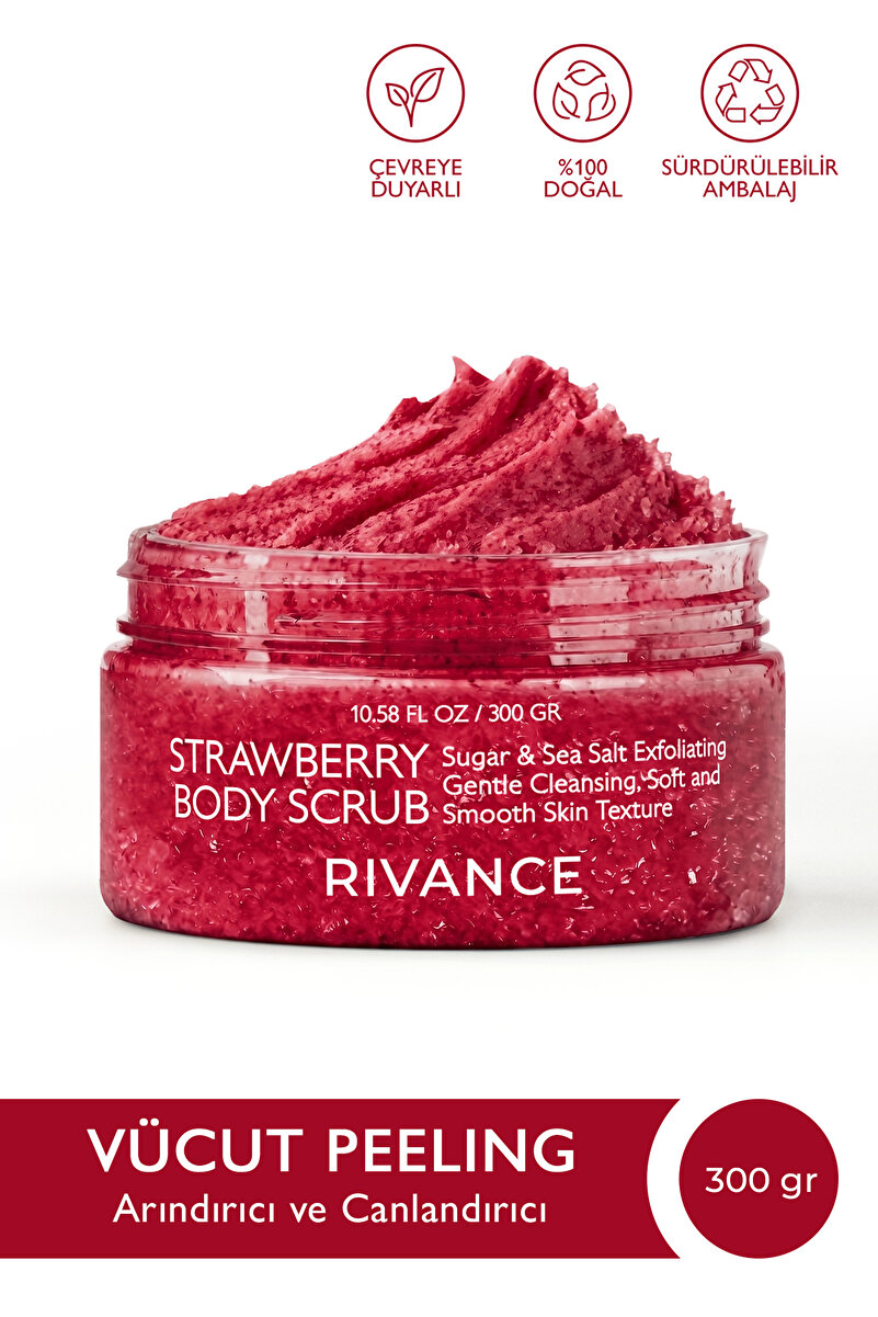 Rivance Çilekli Vücut Peelingi Şeker ve Deniz Tuzlu Arındırıcı ve Canlandırıcı Body Scrub 300 gr