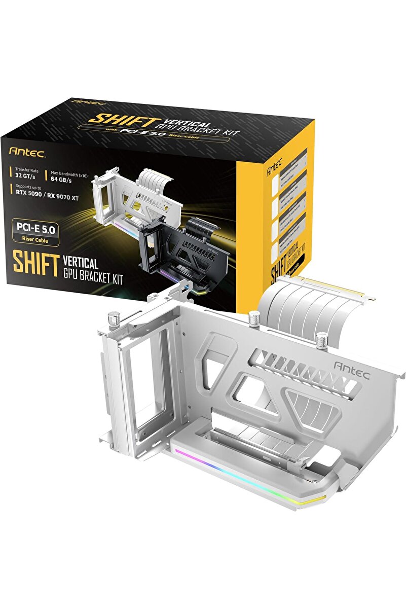 ANTEC PCIe 5.0 GPU Yükseltici Kablo, RGB Ayarlanabilir Dikey GPU Braketi, PCI Express, Gümüş/Beyaz