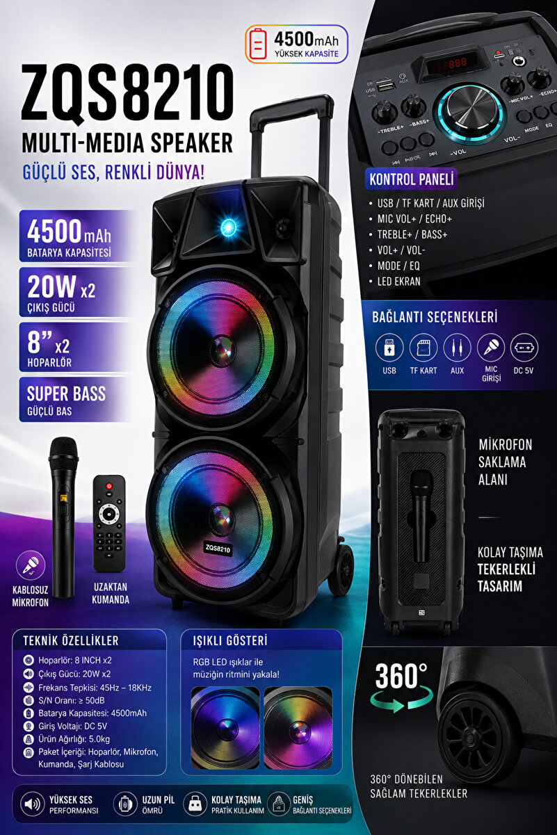 MUZEKO Uzaktan Kumandalı Multı-Media Speaker ZQ8210 Karaoke Bluetooth Kablosuz Mikrofon Hoparlör Taşınabilir Bluetooth Speaker 4500mAh