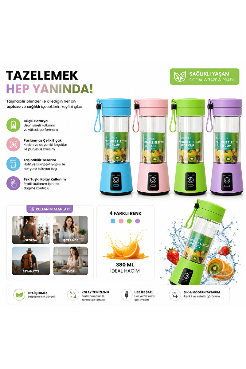 Genel Markalar Taşınabilir Şarjlı Blender Smoothie ve Meyve Suyu Hazırlama Makinesi 380 ML