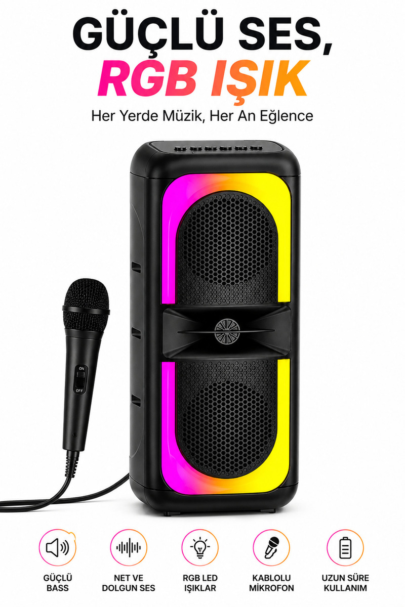Omaze Bluetooth Hoparlör Karaoke Kablolu Mikrofonlu Taşınabilir RGB Işıklı Şarjlı TWS Stereo Ses Sistemi