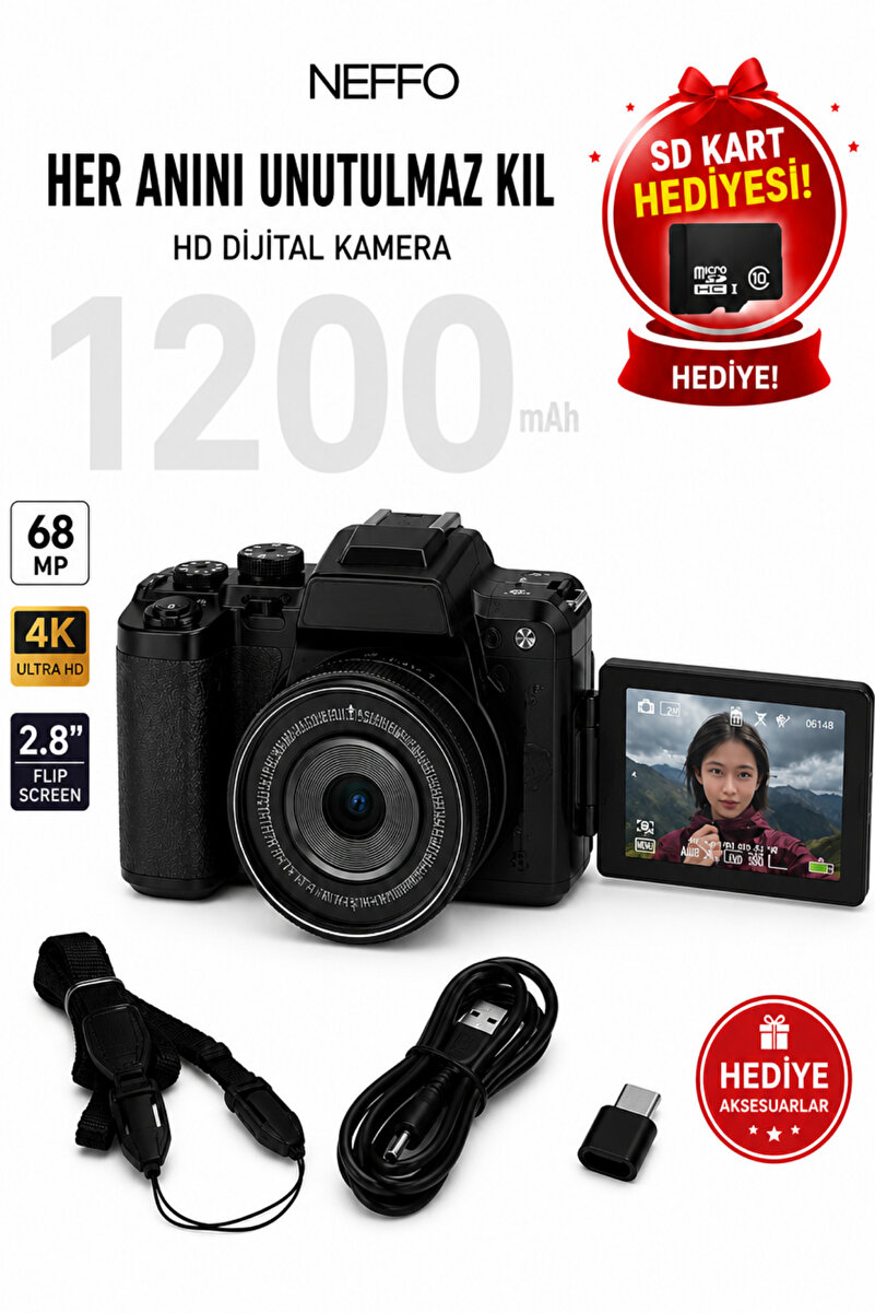 NEFFO 4K Ultra HD Dijital Fotoğraf Makinesi 68 MP 28X Zoom 180° Döner Ekran WiFi Kompakt Kamera