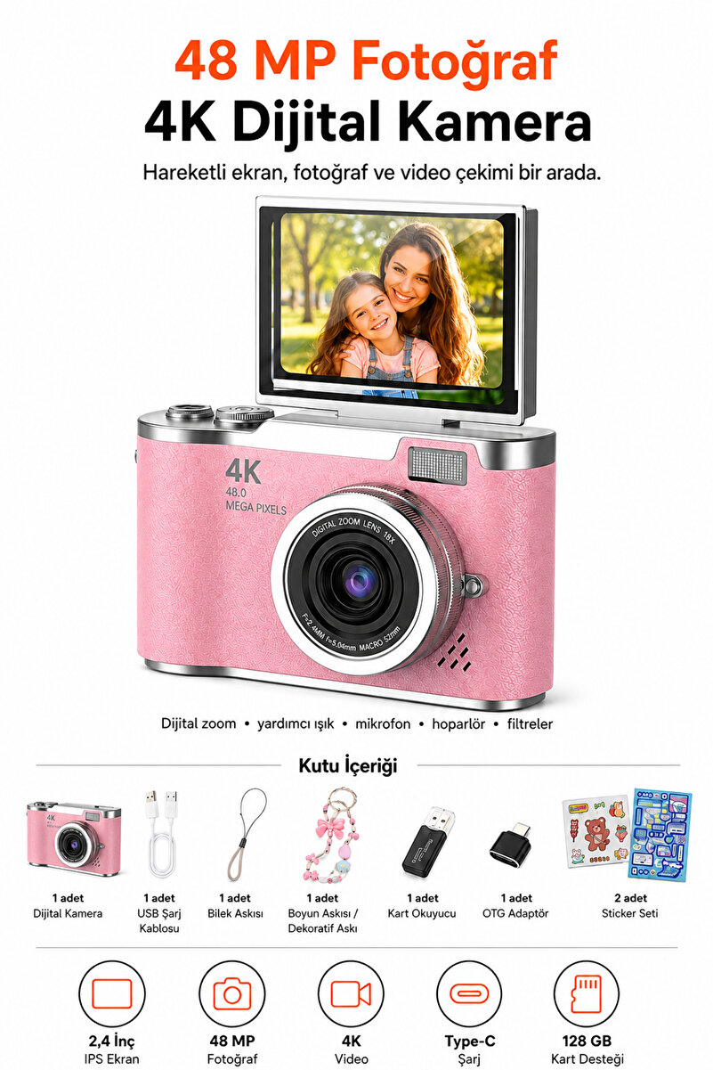 Ayers Premium 48 MP 4K Dijital Fotoğraf Makinesi, 2.4 İnç Döndürülebilir IPS Flip Ekran, 18X Dijital Zoom, Flaş, Type-C Şarj, 128 GB microSD Destekli, Türkçe Menü, 64 GB Hafıza Kartı Hediyeli