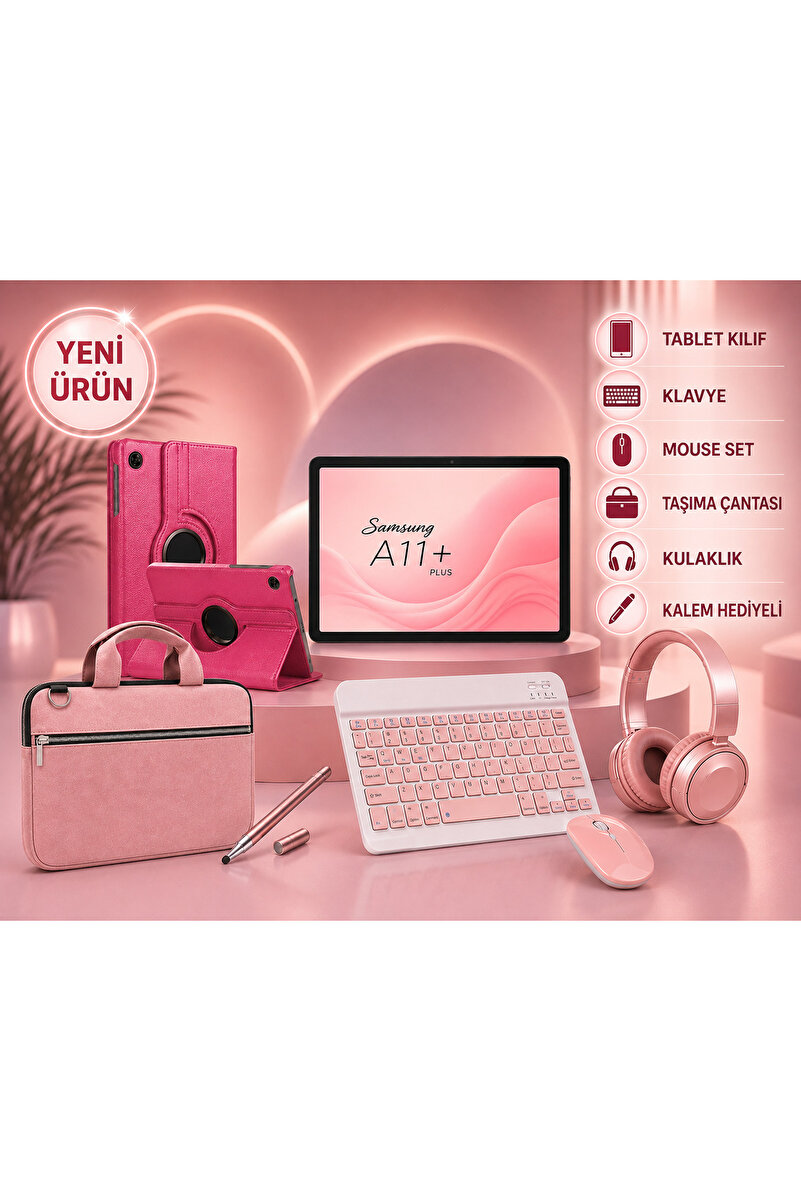 Samsung Galaxy Tab A11+ 11''İNCH (PLUS) 6/128GB TABLET+GOLD KALEM+PEMBE KILIF+PEMBE KLAVYE MOUSE+KULAKLIK+TAŞIMA ÇANTASI(PEMBE)