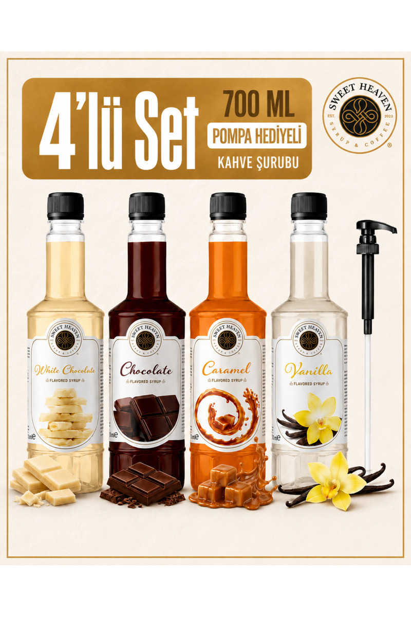 Sweet Heaven Kahve Şurubu 700 ML 4’lü Set – White Chocolate, Chocolate, Caramel ve Vanilla + Pompa Hediyeli