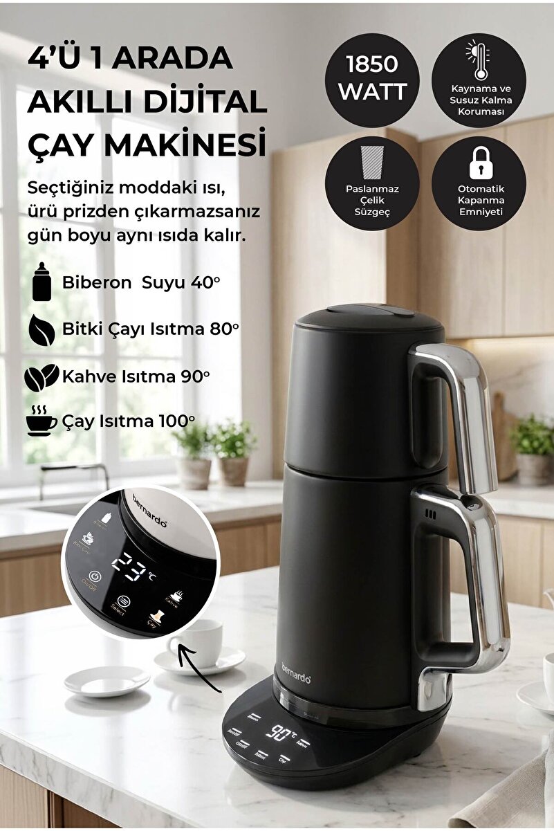 Bernardo Nova Dijital Akıllı Çelik Demlikli 1800 W Çay Makinesi ve Kettle Siyah (Demlik: 0,9 L- Kettle: 1,7 L)