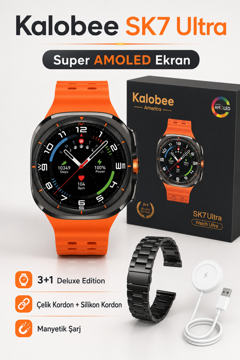 Barbanti Kalobee SK7 Ultra Super AMOLED Akıllı Saat 3+1 Deluxe Edition Çelik Kordon + Silikon Kordon + Koruyucu Kılıf