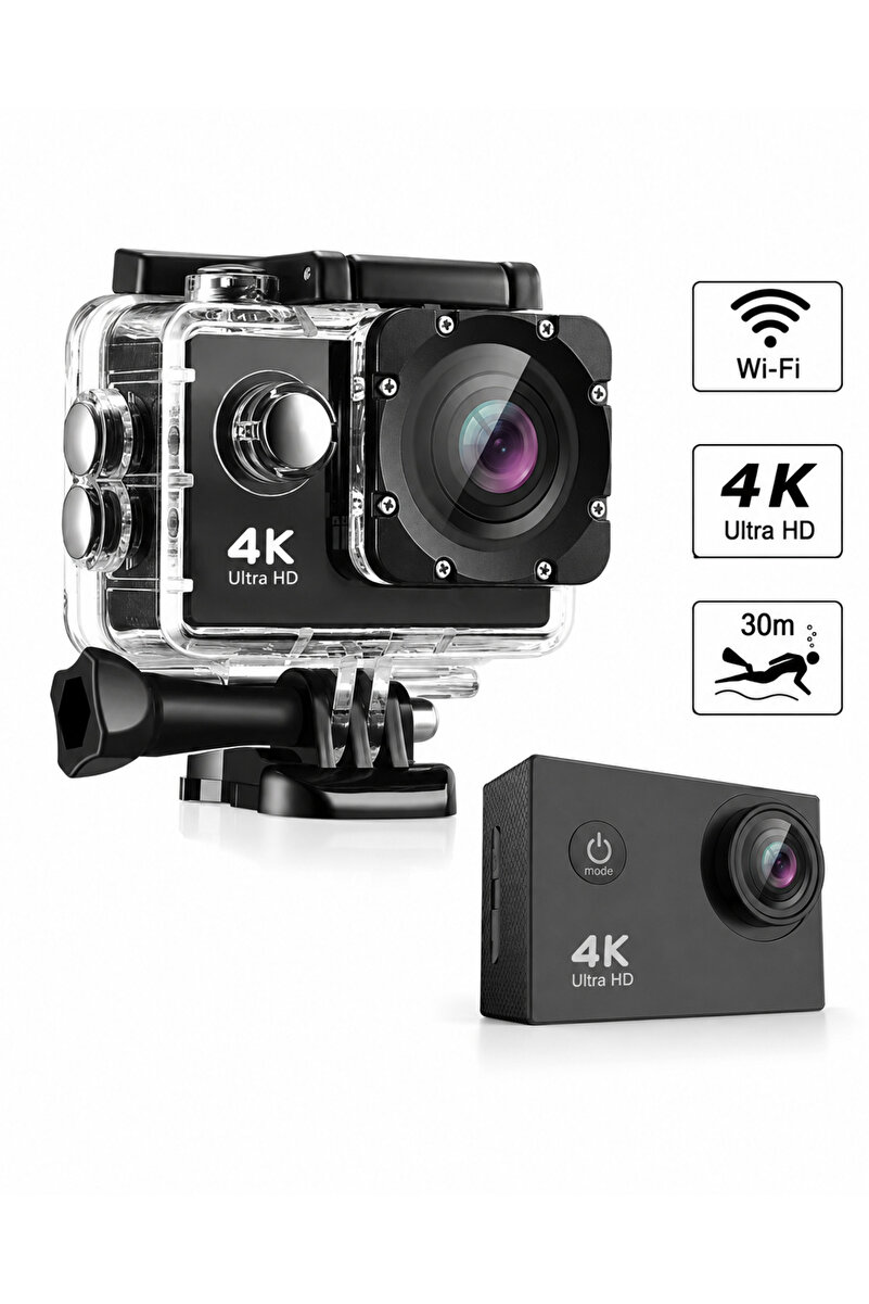MINO TECH 4K WiFi Aksiyon Kamerası 16 MP 30 Metre Su Geçirmez Kılıflı 2.0 İnç LCD Ekranlı Geniş Açılı Spor Kamera