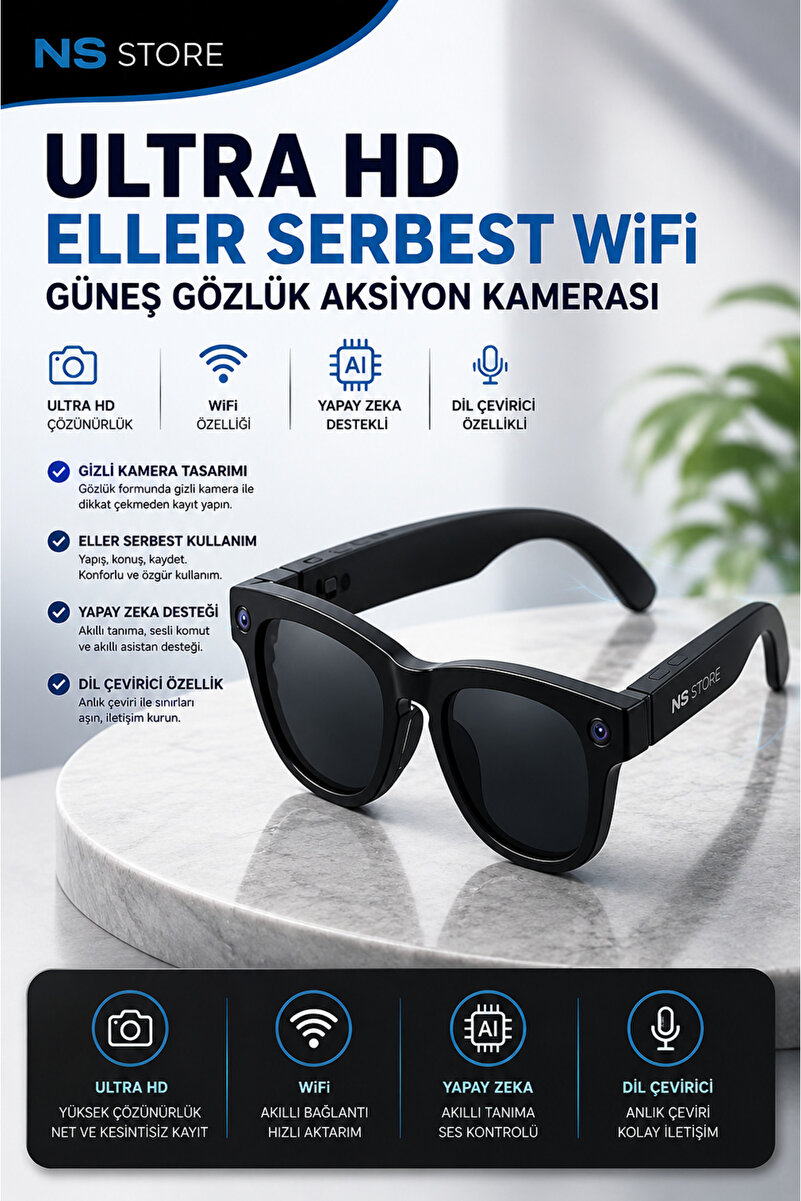 NS Store Ultra HD Eller Serbest Akıllı Güneş Gözlüğü Wifi Aksiyon Kamerası Fotoğraf Çekimli Su Geçirmez