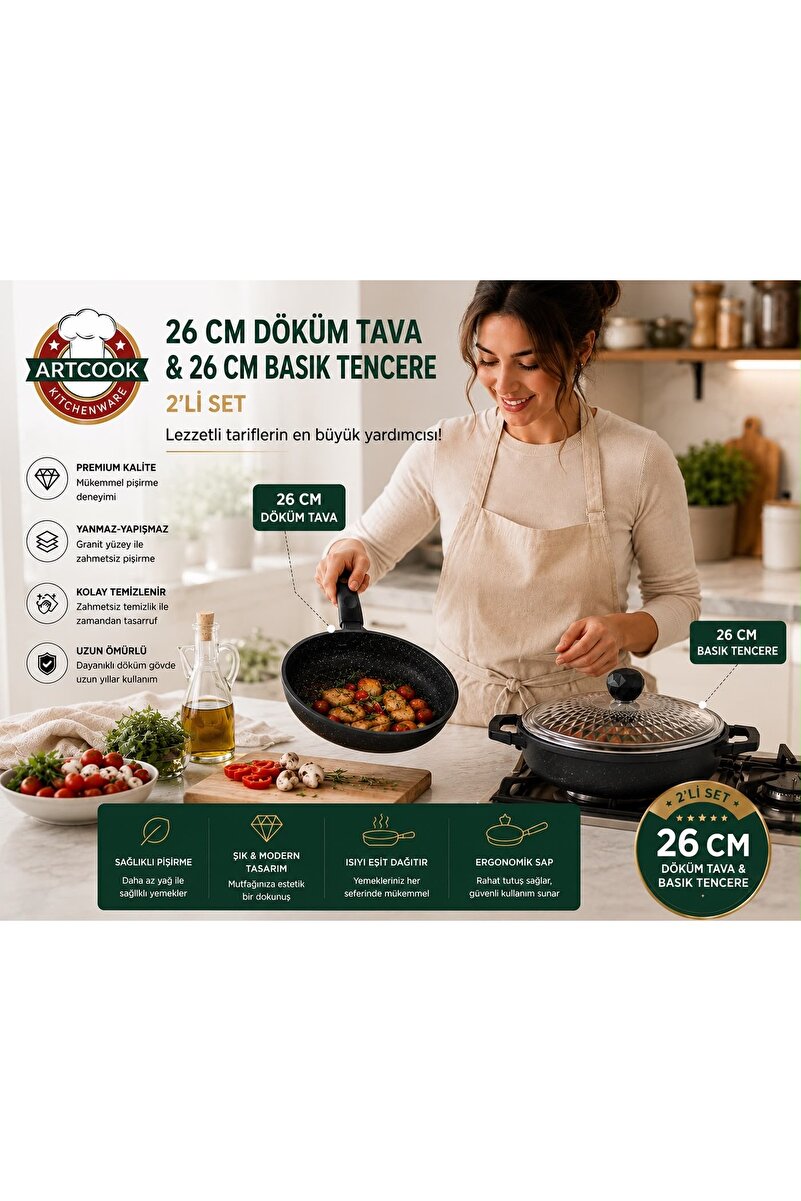 ARTCOOK Basık tencere 26 cm + tava 26 cm 2 li set