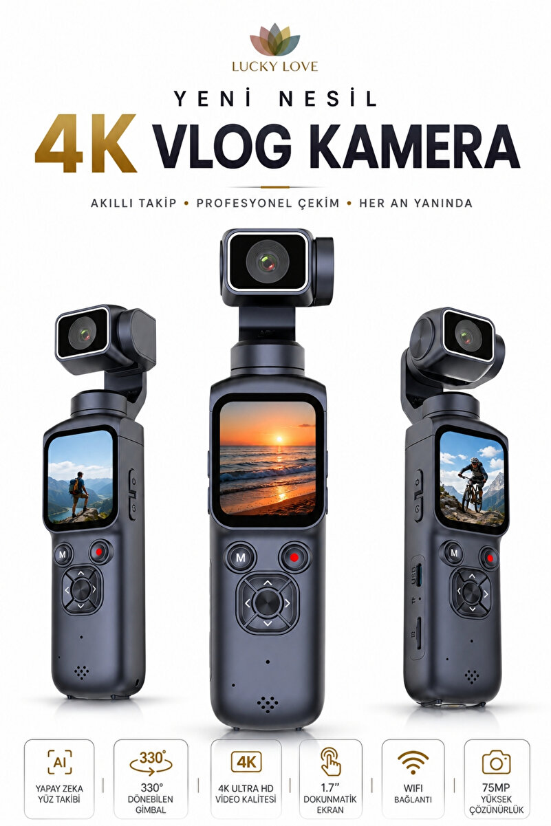 Lucky Love 4K Ultra HD Vlog Kamera 75MP WiFi Yapay Zeka Yüz Takipli 330° Gimbal 1.7” Dokunmatik Ekran 64GB Hafıza Kartlı