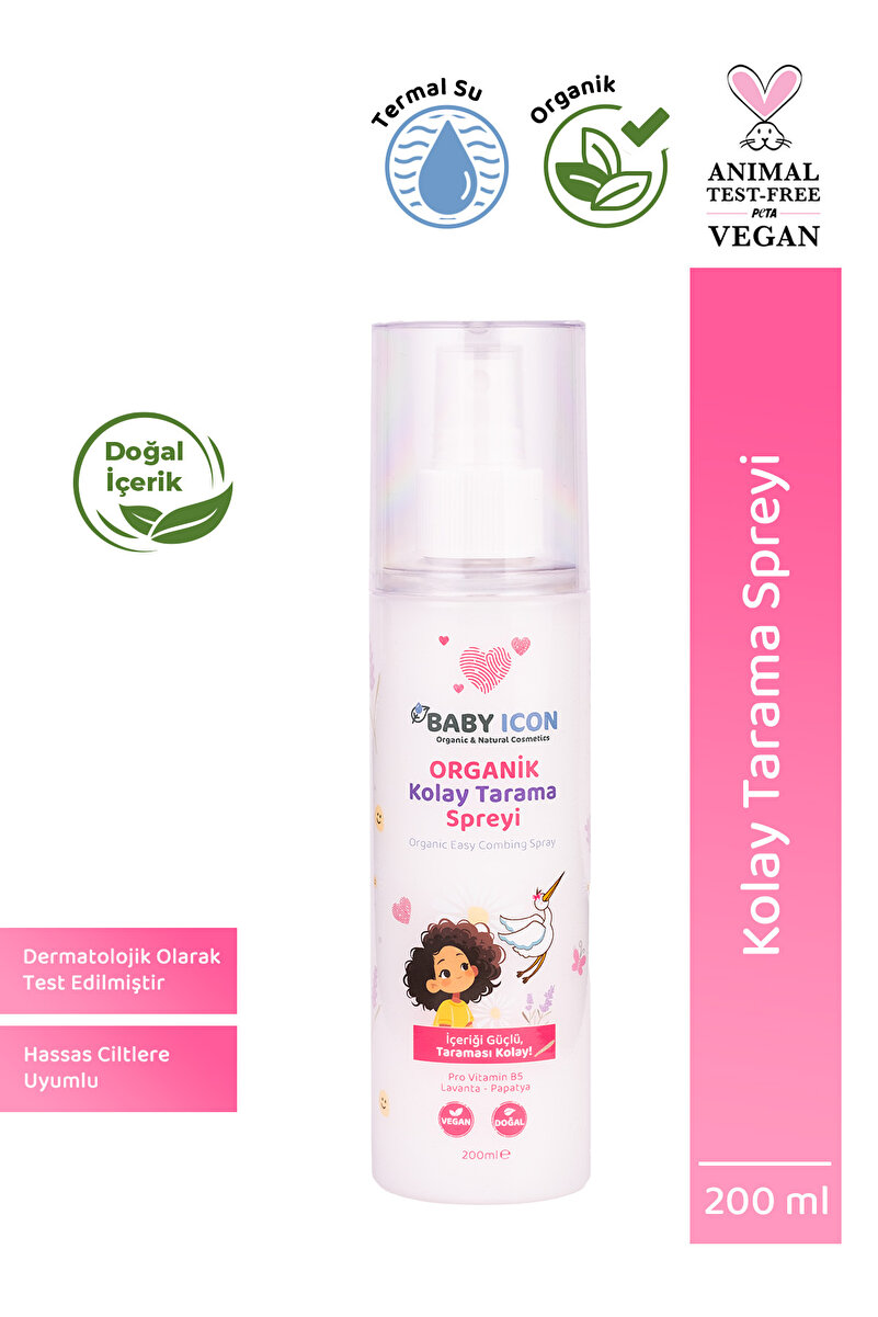 Baby İcon %100 Organik Vegan Kolay Saç Tarama Spreyi Çocuklar İçin Nemlendirici Lavanta Papatya Özlü 200ML