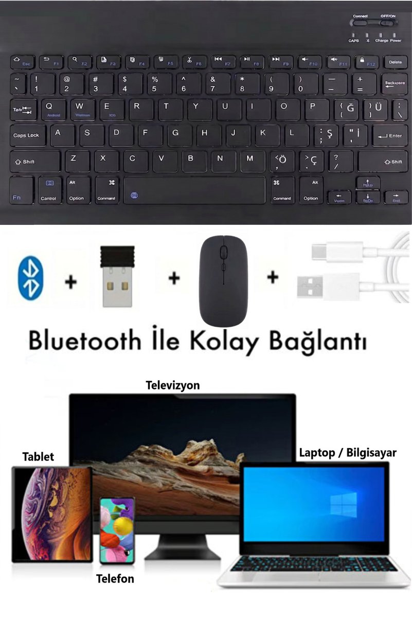 TEKNETSTORE Kablosuz Bluetooth Türkçe Q Klavye Mouse Seti Tablet / Telefon / Laptop / Macbook / TV İle Tam Uyum