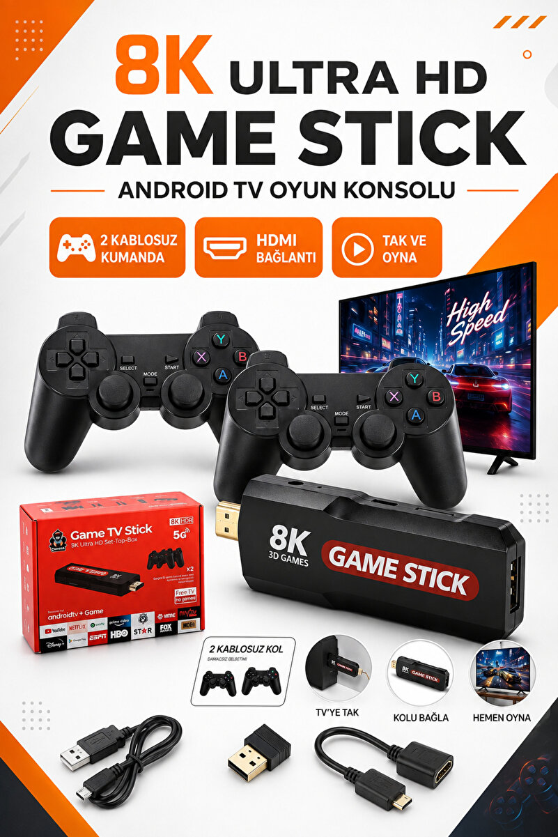 Trendhane Android TV Game Stick Hdmı Bağlantılı Akıllı TV Ve Oyun Cihazı, 2 Kablosuz
