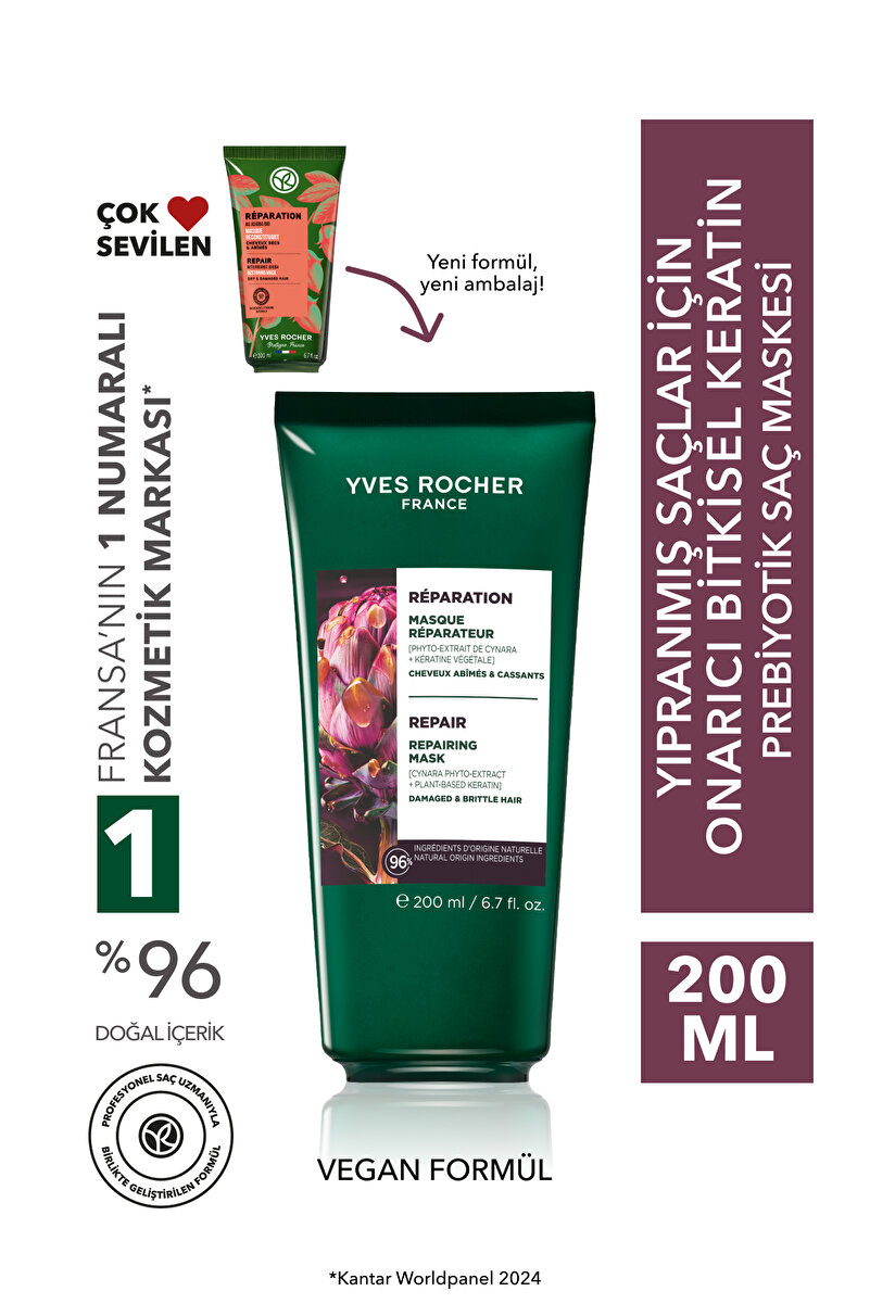 Yves Rocher Onarıcı Bitkisel Keratin Prebiyotik Saç Maskesi - Yıpranmış Saçlar / Reparation -Vegan -200ml