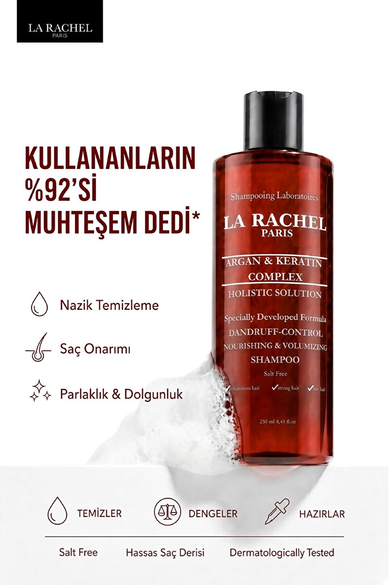 La Rachel Yavaş Uzayan ve Yıpranmış Saçlar İçin Şampuan. Argan ve Hidrolize Keratin ile Tuzsuz Özel Formül