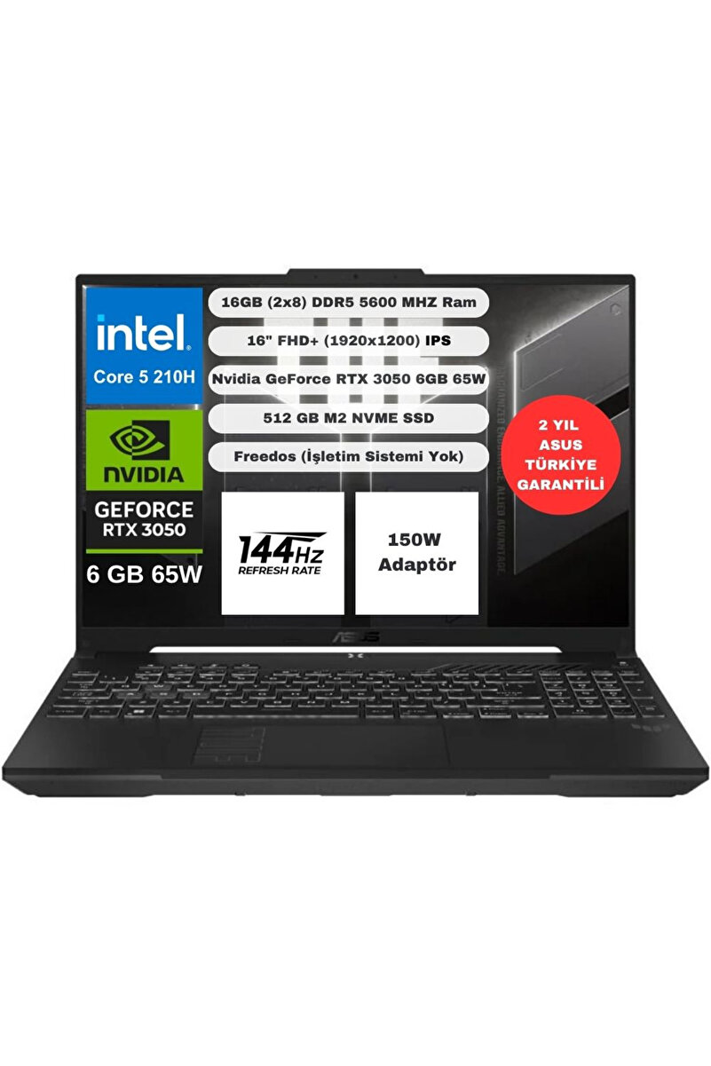 ASUS TUF Gaming F16 FX607VJ Gaming Intel Core 5-210H 16GB 512GB SSD RTX3050 6GB 16 inç WUXGA 1