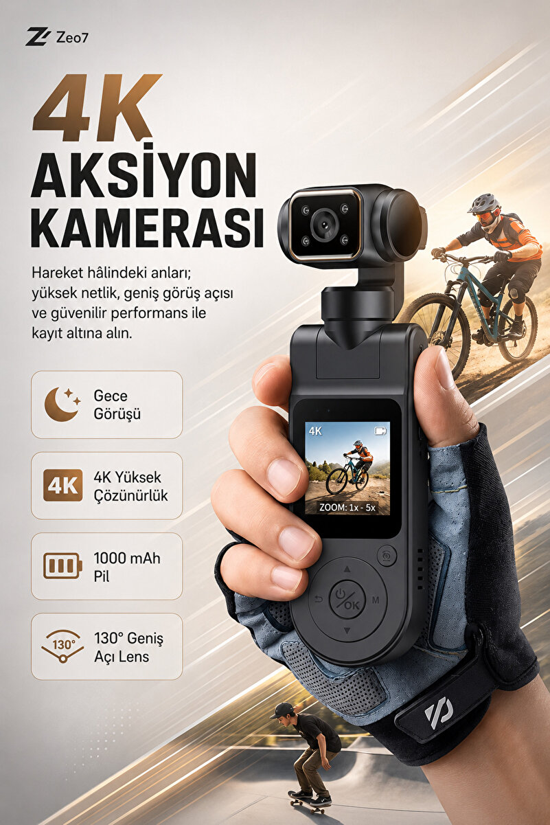 Zeo7 WiFi Vlog Kamera Su Geçirmez 1.54 İnç Ekran 130° Geniş Açı Döner Lens IR Gece Görüşü Taşınabilir Spor ve Aksiyon Kamerası