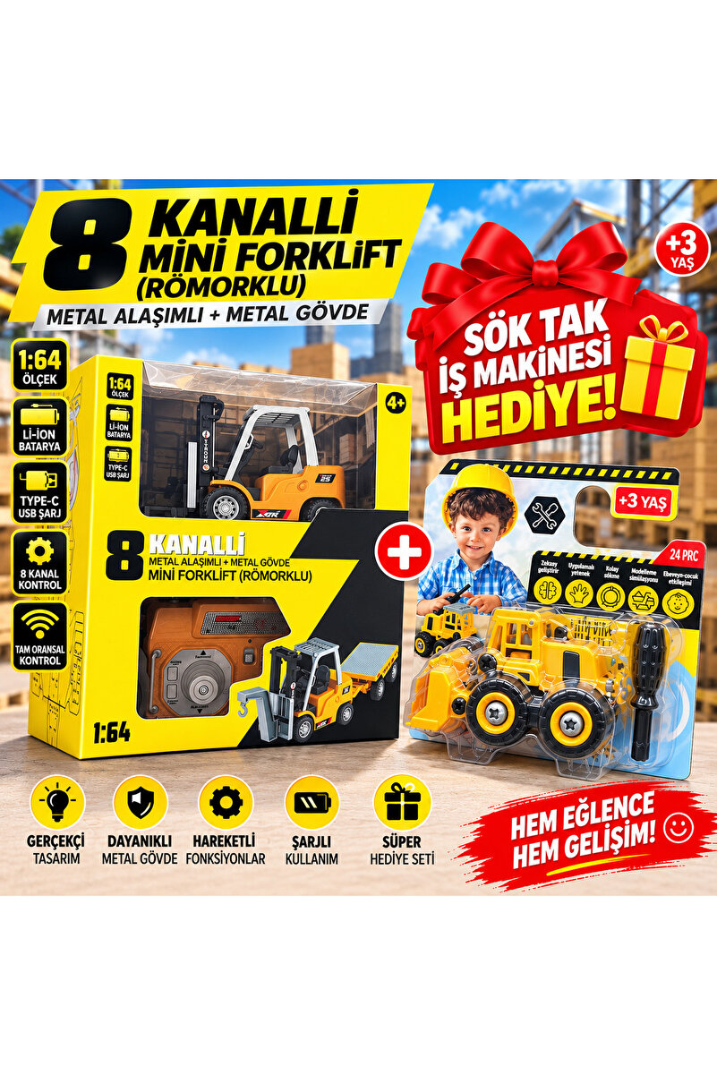 Genel Markalar Uzaktan Kumandalı Şarjlı Metal Forklift İş Makinesi Oyuncak Römorklu