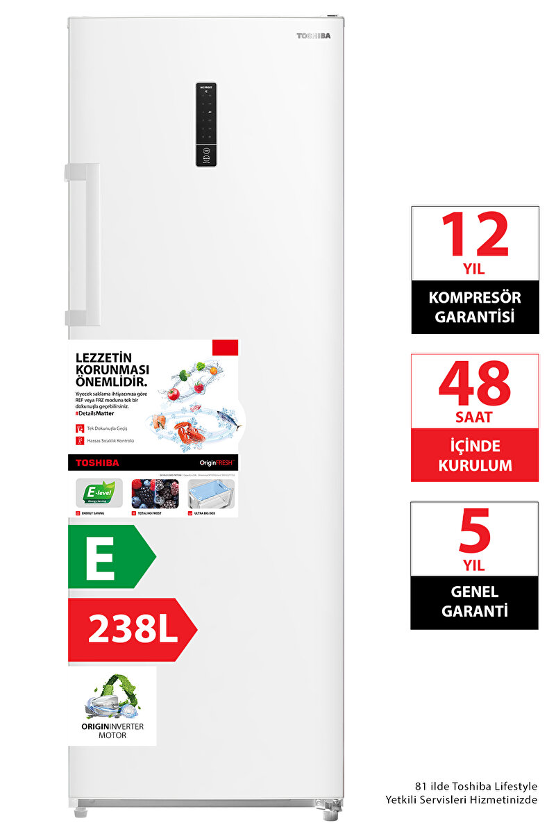 Toshiba Hızlı ve Dengeli Soğutma 238 L Dikey Derin Dondurucu Beyaz GR-RU312WE-(01)
