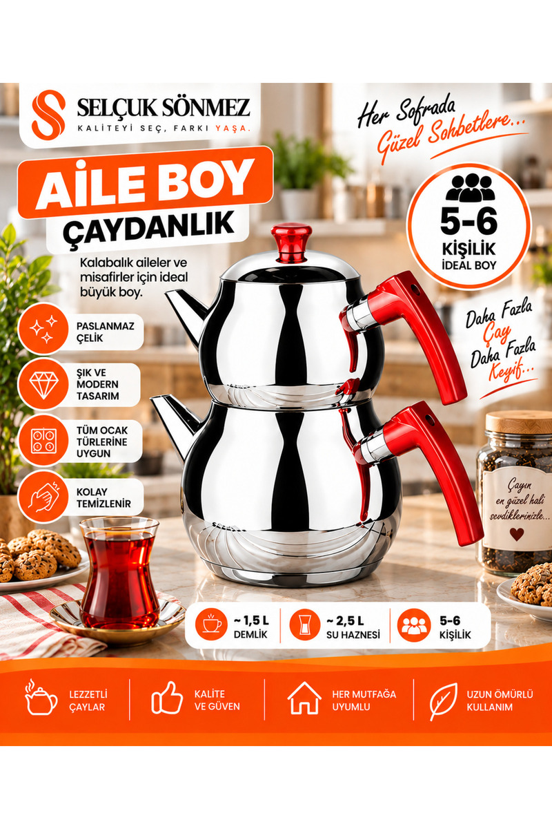 SELÇUK SÖNMEZ Paslanmaz Aile Boy Çelik Kendinden Süzgeçli Çaydanlık Takımı
