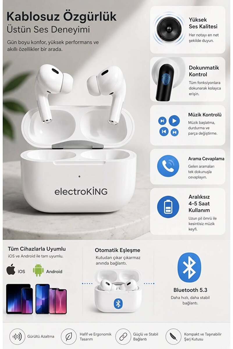 electroking İP HEDİYELİ Bluetooth Kulaklık 5.3 Kablosuz Kulak İçi Kulaklık Dokunmatik Kontrollü Şarj Kutulu Type-C iOS Android Uyumlu