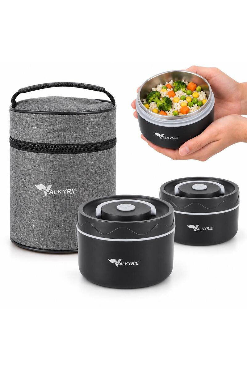 valkyrie 2 Katlı Taraftar 304 Paslanmaz Çelik Yemek Termosu 420+550 ml Isı Yalıtımlı Çantalı Siyah