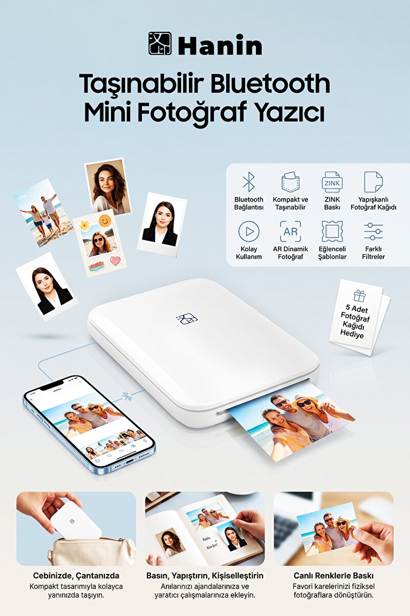 Dossimo Hanin Taşınabilir Kablosuz Mini Fotoğraf Yazıcı Bluetooth Anında Baskı 5 adet Fotoğraf Kağıdı Hediyeli -MT53