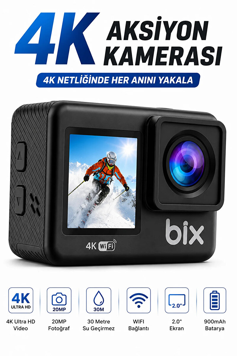 EXENAR 4K Ultra HD Çift Ekranlı Aksiyon Kamerası Wi-Fi 20MP Sony Sensörlü Motosiklet Kask Bisiklet Seti