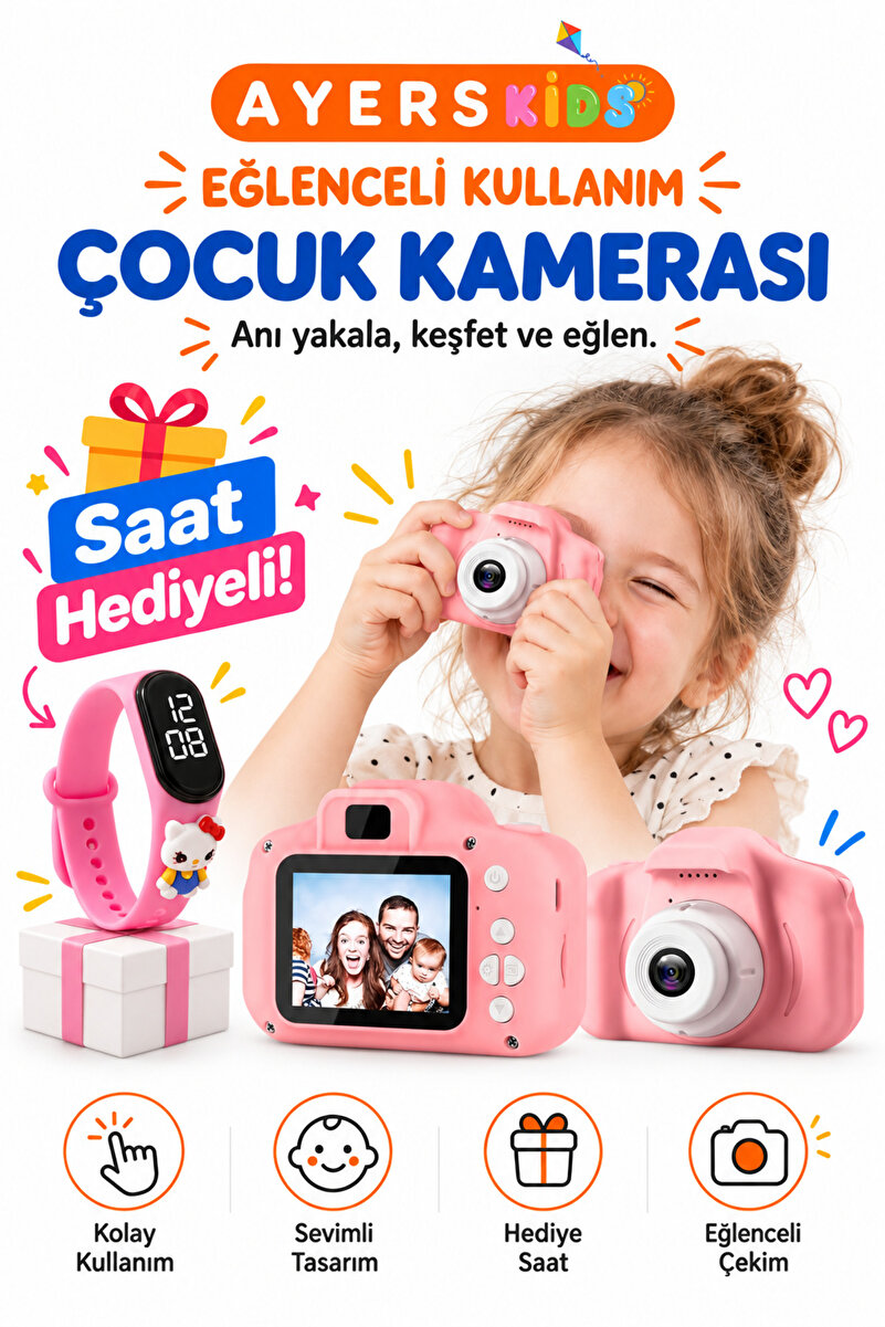 Ayers AyersKids Pembe ve Mavi Çocuk Dijital Fotoğraf Makinesi, Kız ve Erkek Çocuk İçin Kamera, Fotoğraf ve Video Çekimli, Ekranlı, Kolay Kullanımlı, Taşınabilir Boyun Askılı, Pembe Dijital Saat Hediyeli