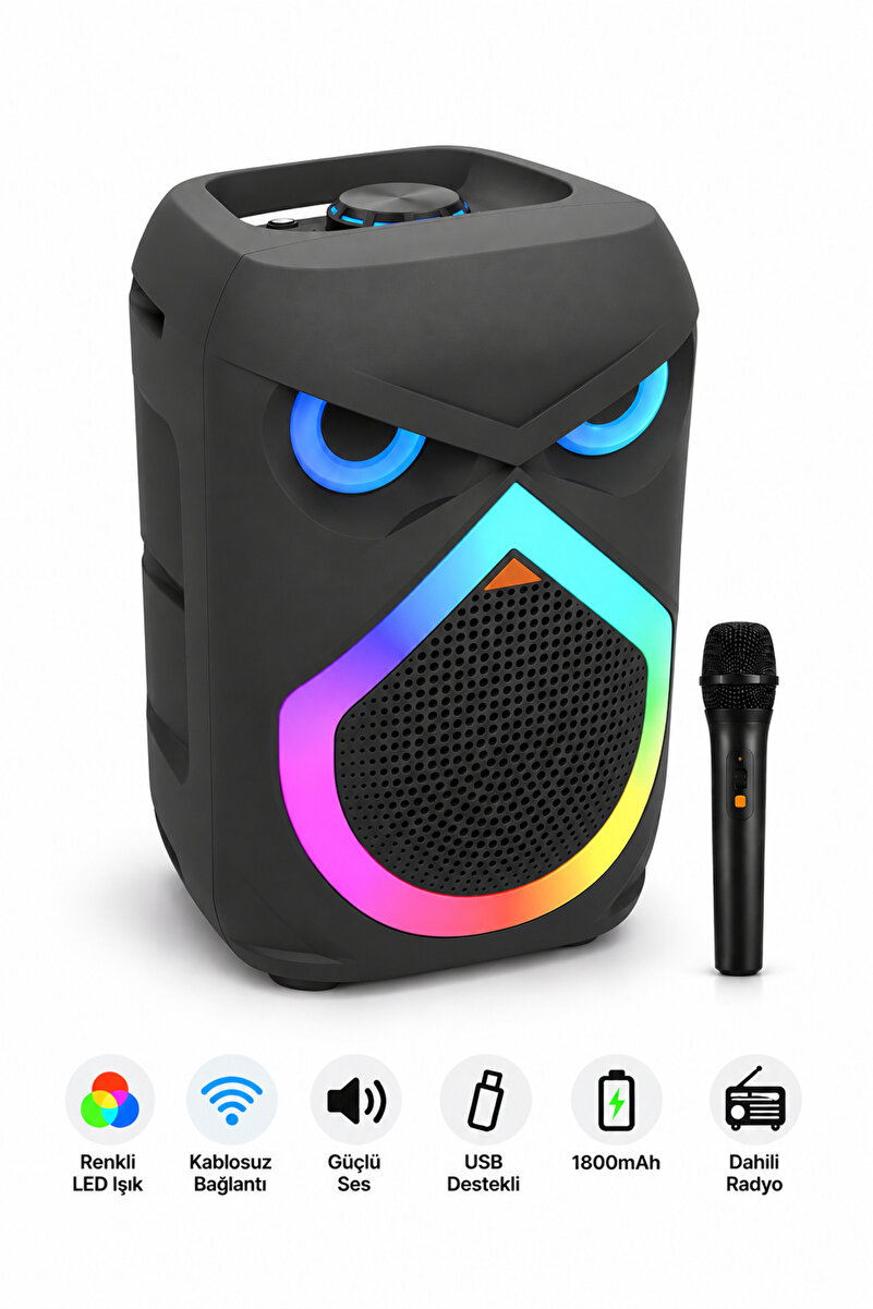 Abbruch Kablosuz Mikrofonlu Taşınabilir Karaoke Bluetooth Hoparlör RGB LED Işıklı 1800mAh 12W Çift Hoparlör 2x4 İnc