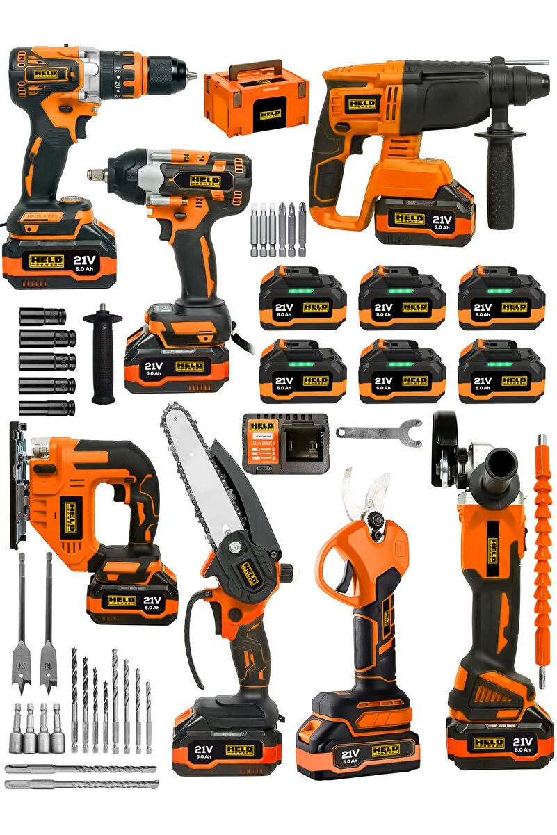 held power 21V 5.0 Ah Fırçasız Motorlu 7'li Profesyonel Akülü Makine Seti (Çoklu Akü ve Aksesuar Komple Paket)