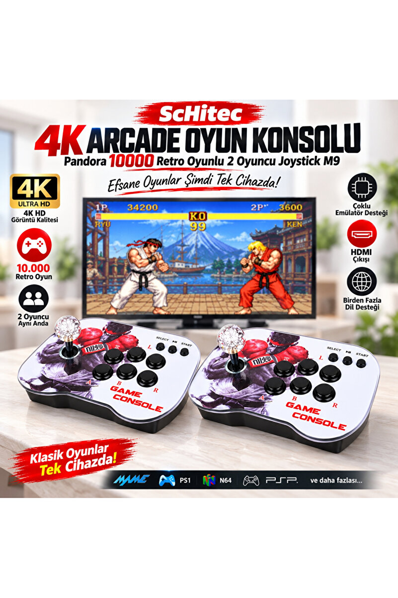 schitec 4K Arcade Oyun Konsolu Pandora 10000 Retro Oyunlu 2 Oyuncu Joystick M9