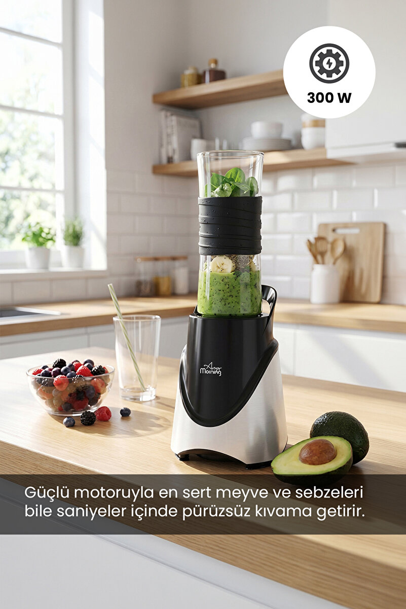 Any Morning 300W Taşınabilir Kişisel Smoothie Blender, Çelik Bıçaklı, 570ml Sporcu Matarası SIN2635