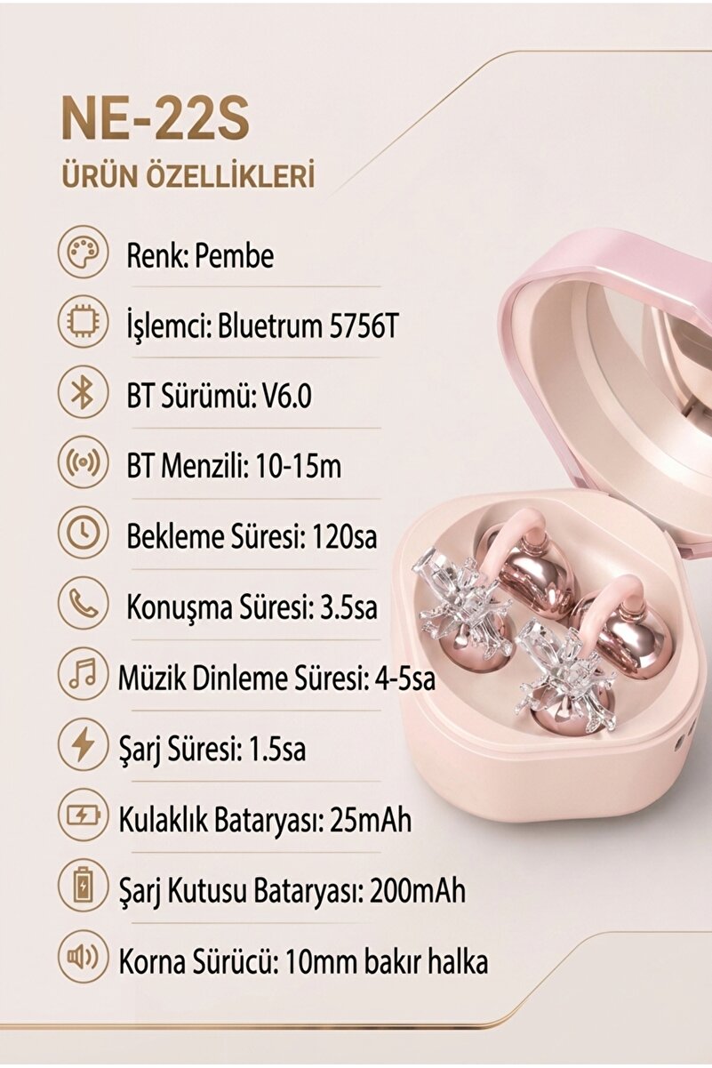Mmctech Charmlı Klipsli Bluetooth Kulaklık Kablosuz ANC ENC Çift Mic Küpe Kulaklık