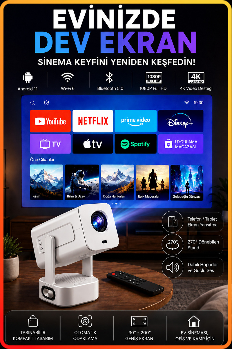Telvesse 4K Bass Hoparlörlü Taşınabilir WİFİ Bluetooth Android Projeksiyon Cihazı Projektör Ekran Yansıtma