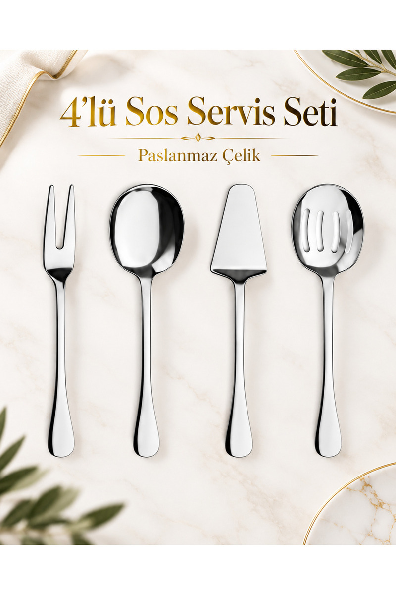 NAZLIM Milano 4’lü Paslanmaz Çelik Sos Servis Seti – Servis Kaşığı, Pasta Spatulası, Servis Çatalı, Sunum Servis Takımı