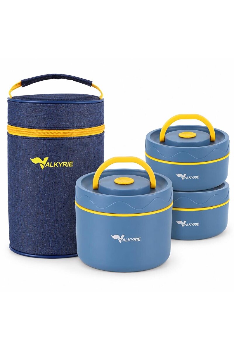 valkyrie 3 Göz Taraftar 304 Paslanmaz Çelik Yemek Lunch Box 420+420+550 ml Isı Yalıtımlı Çantalı