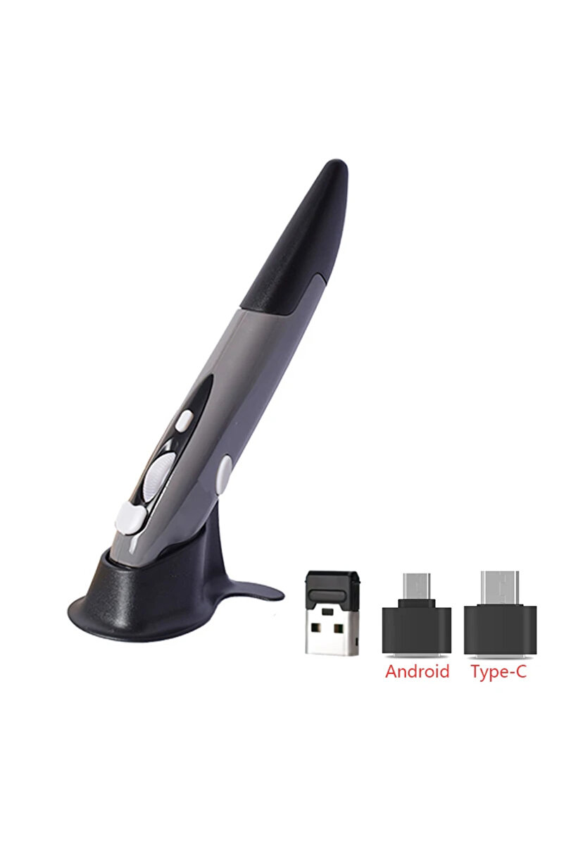 Cloody Gri Kalem Mouse Ergonomik Kablosuz Kalem Şeklinde Mouse Standlı 2.4GHz Bağlantı Ayarlanabilir DPI