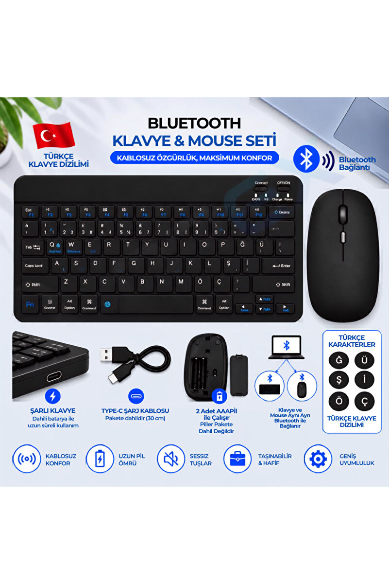 VOREX PL-388 Bluetooth Türkçe Q Mini Klavye Mouse Seti Şarjlı Klavye Pilli Mouse
