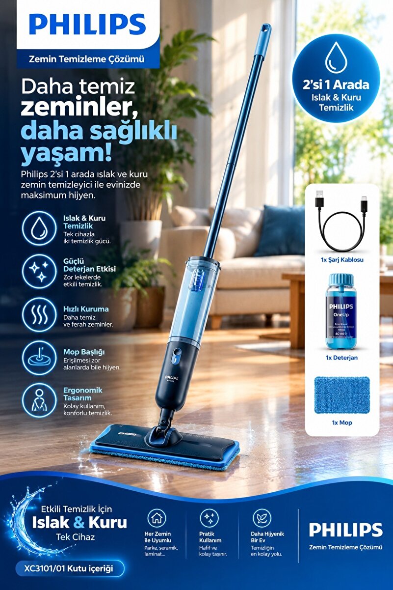 Philips Elvt Yeni Seri Versuni OneUp 3000 Serisi Elektrikli Mop - Daha Temiz Zeminler, Daha Hızlı Paspaslama, 360° Dönen Menteşeli Kablosuz Tasarım, Yıkanabilir Yeniden Kullanılabilir Pedler, Uzun Ömürlü Pi