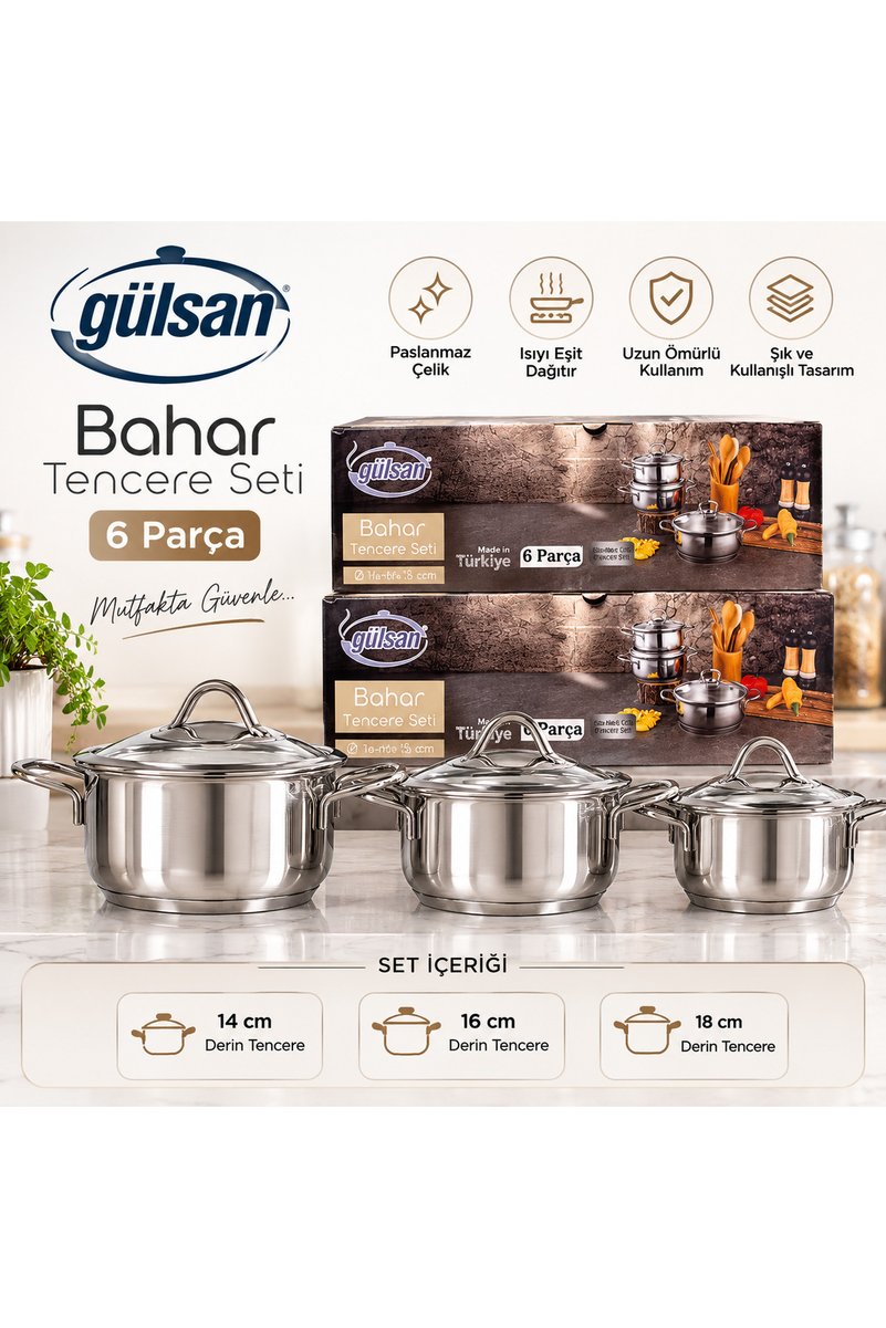 gülsan Bahar 6 Parça Paslanmaz Çelik Tencere Seti