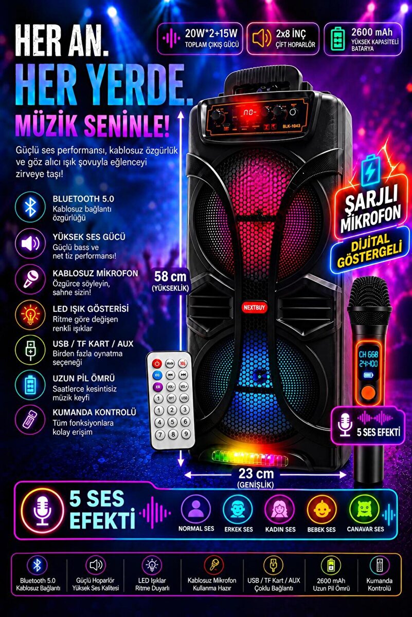 nextbuy Büyük Boy 20W*2+15W Karaoke Speaker Şarjlı 5 Ses Efektli Mikrofonlu Bluetooth Hoparlör Extra Bass-Tweeter Subwoofer Ses Bombası