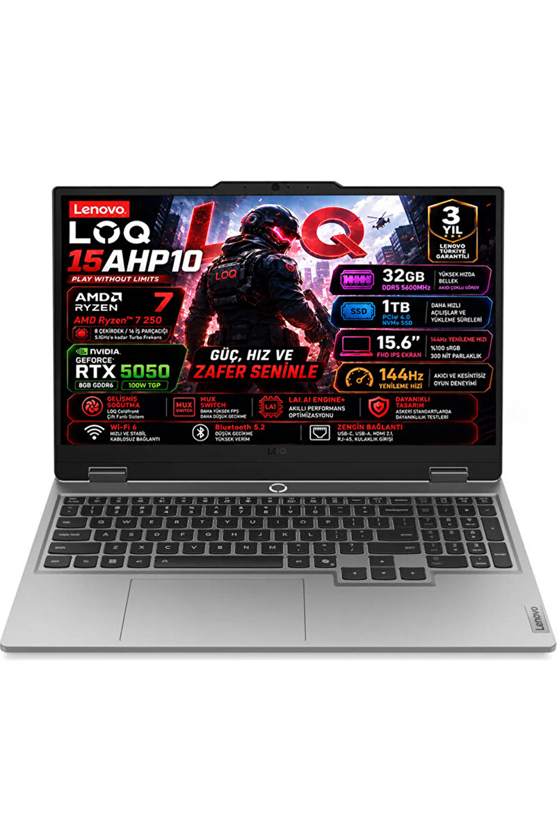 LENOVO LOQ 15AHP10 AMD Ryzen 7 250 32GB 1TB SSD RTX 5050 8GB (100W) 15.6" FHD IPS 144Hz Freedos 83JG00BNTR