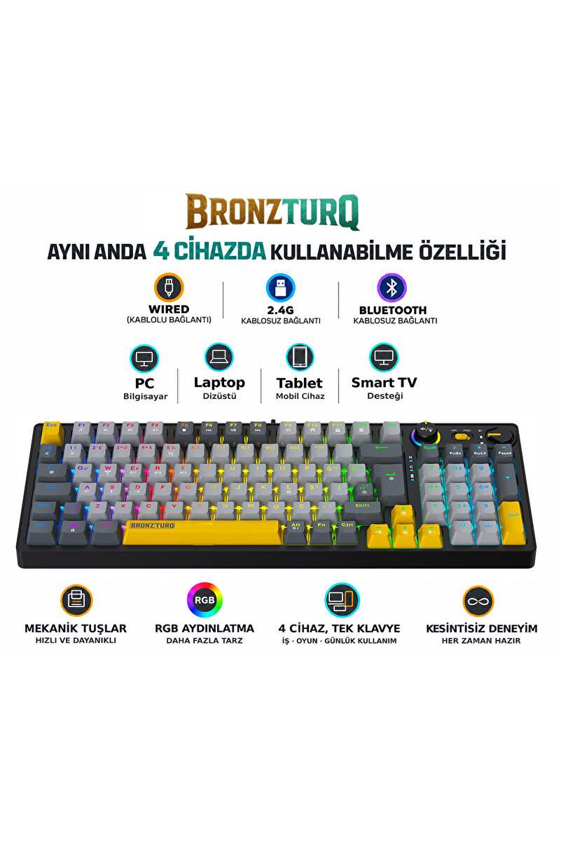 BRONZTURQ MK1141 RGB ANTI-GHOSTING 3N1 (Wired + 2.4G + Bluetooth) ORANGE SWITCH MEKANİK KLAVYE