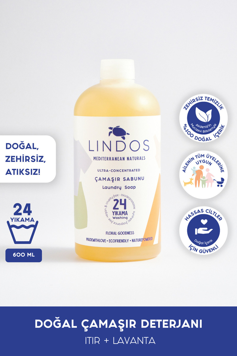 Lindos Doğal Çamaşır Deterjanı Itır & Lavanta Kokulu %100 Bitkisel Deterjan Ekonomik 24 Yıkama 600ml