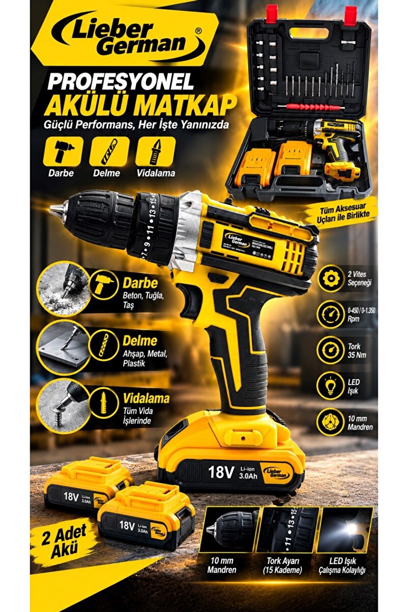 Lieber German 18Volt Darbeli 24 Parça 2x Akülü Vidalama Matkap