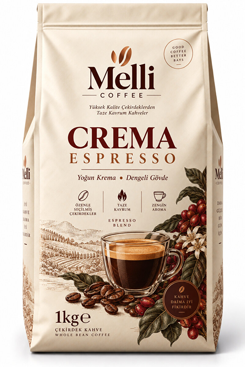 MELLI COFFEE Crema Espresso Çekirdek Kahve 1 kg – Yoğun Krema & Dengeli Gövde