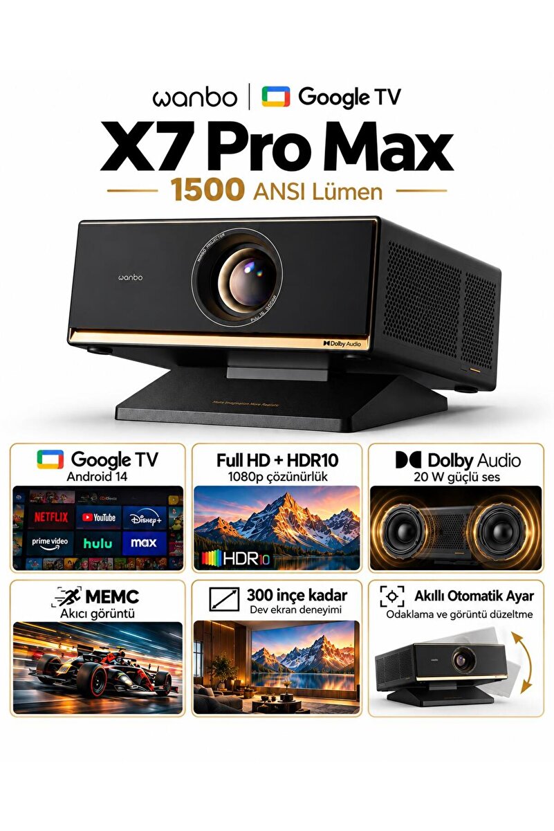 wanbo X7 Pro Max Google TV Projeksiyon Cihazı, 1500 ANSI Lümen, Full HD 1080p, 4K Destekli, Otomatik Odaklama