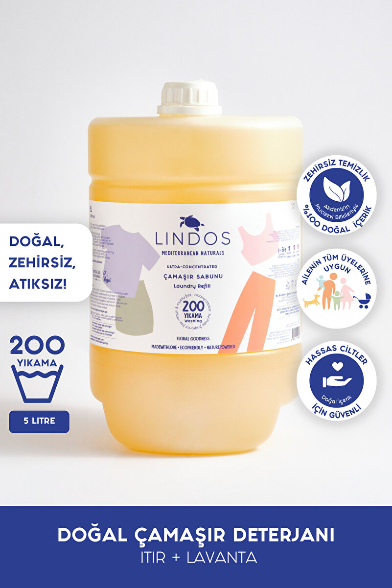Lindos Doğal Çamaşır Deterjanı Itır & Lavanta Kokulu 200 Yıkama %100 Bitkisel Deterjan Ekonomik 5l